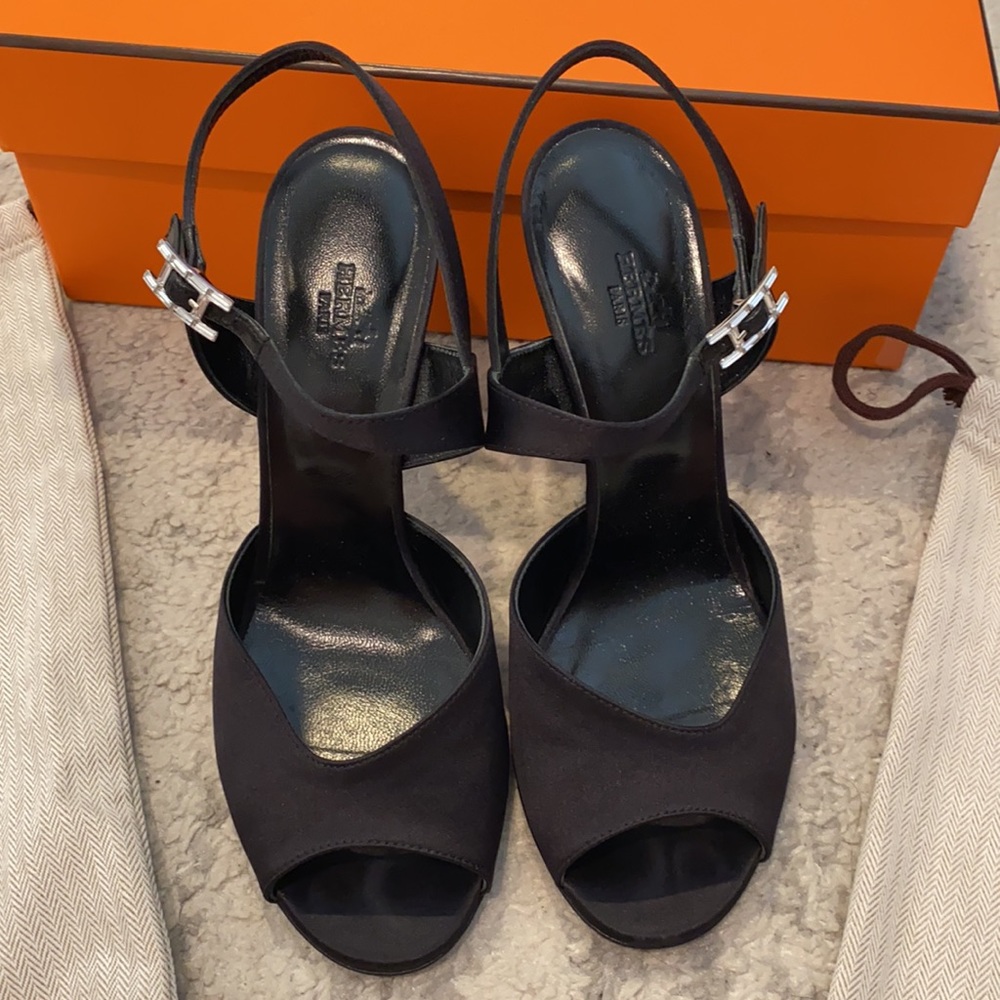 Hermes Magic Satin Rhinestone H Buckle Sandals Heels Noir Black Size 38